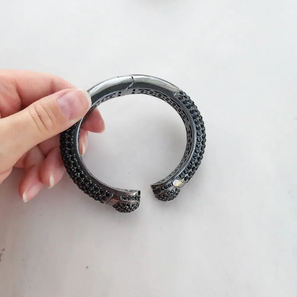 Vintage Joan Boyce Black Rhinestone Gunmetal Clamper Bangle‎ Bracelet Crystals